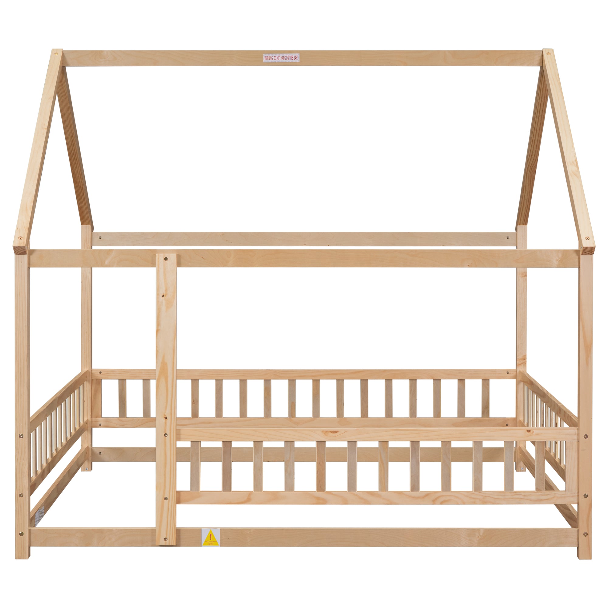 Natural Full Size Floor Wooden Toddler Floor Bed with House Roof Frame and Fence Guardrails