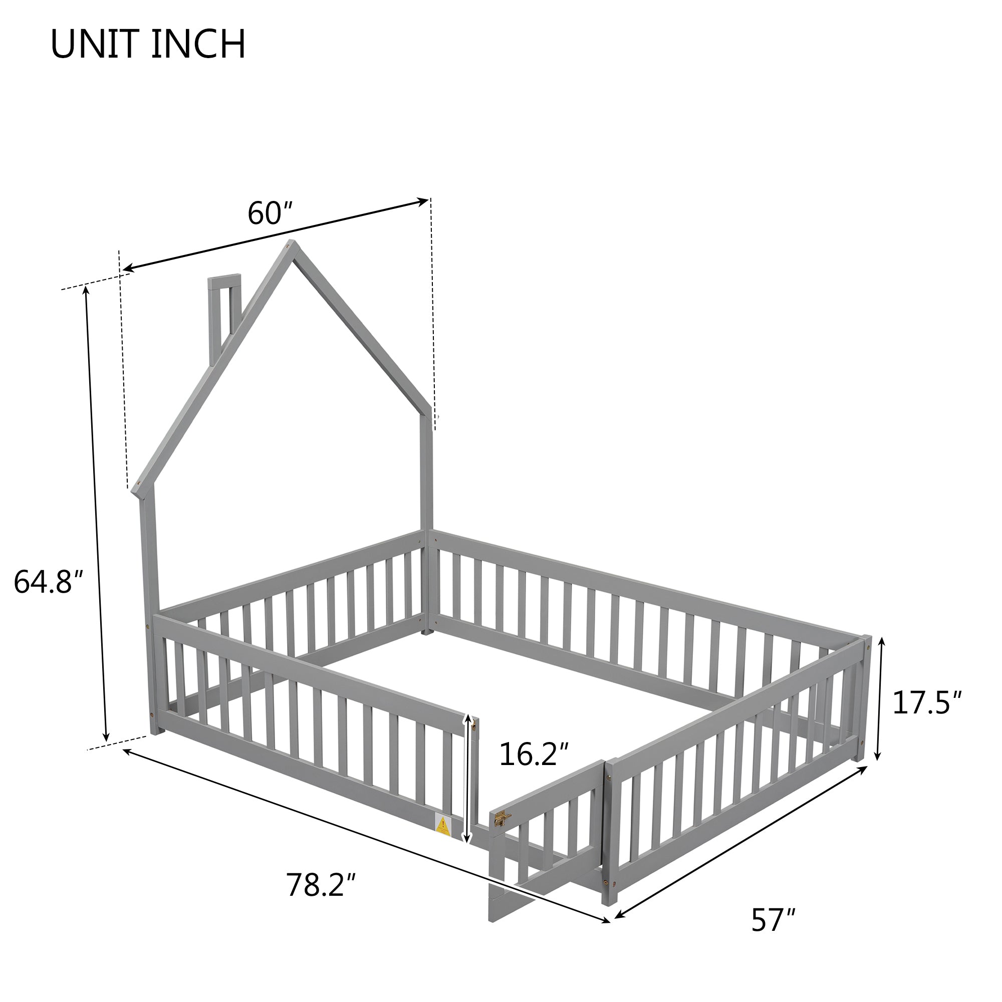 Gray Full House-Shaped Headboard Toddler Floor Bed with Fence