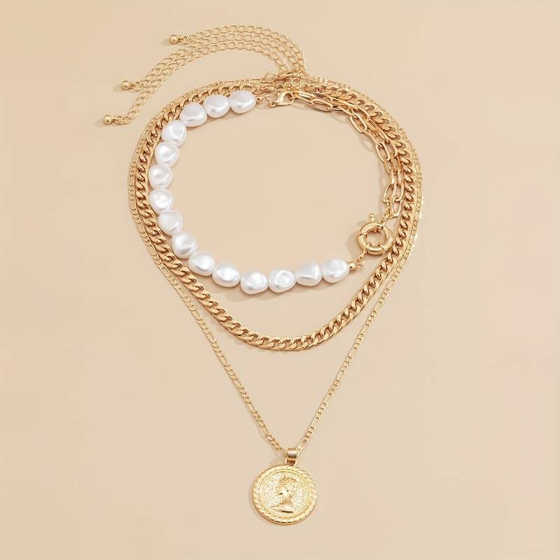 Pearl and Vintage Pendant Chain 3 Piece Pendant and Pearl Necklace Set