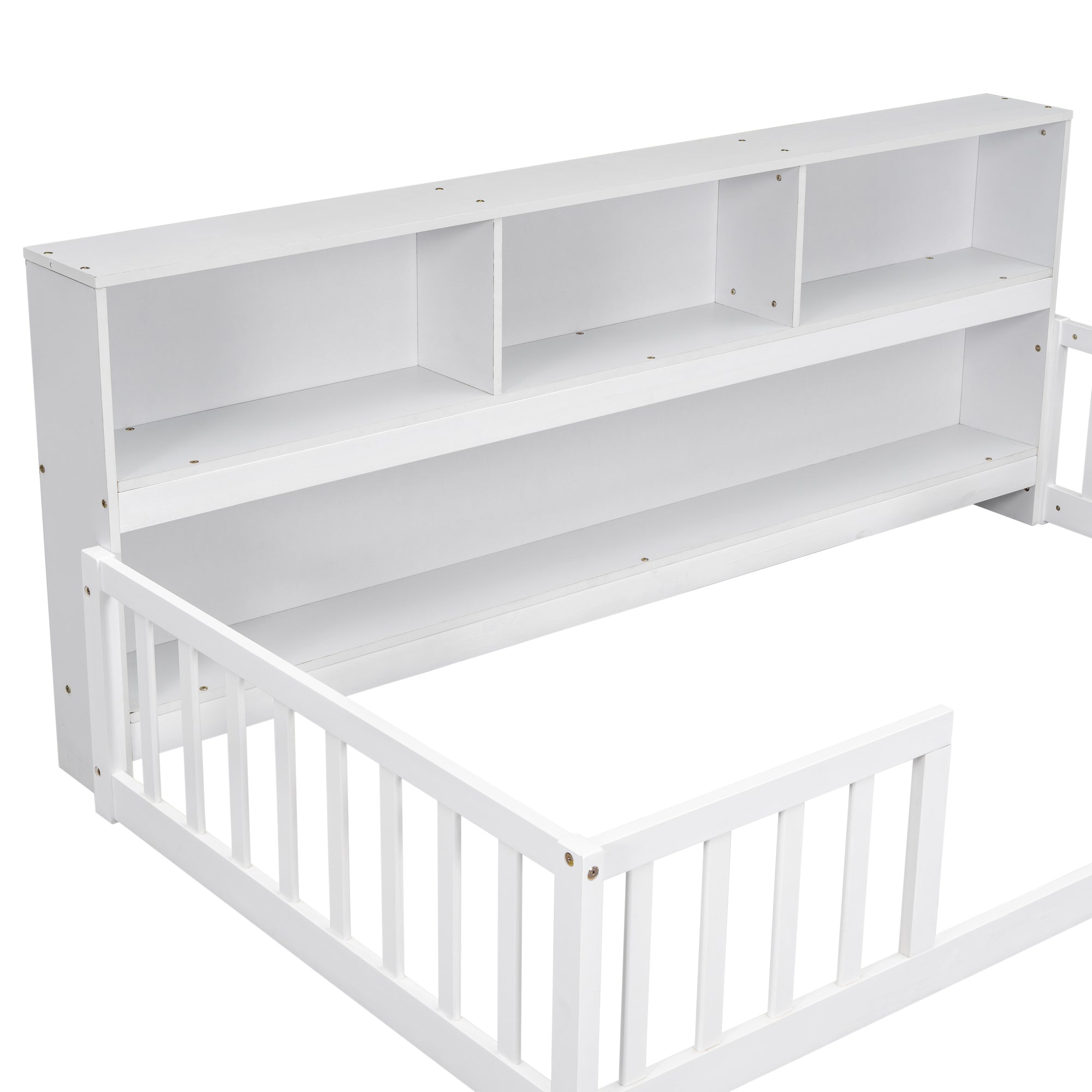 Twin Toddler Floor Bed with Bedside Bookcase, Shelves, and Guardrails in White