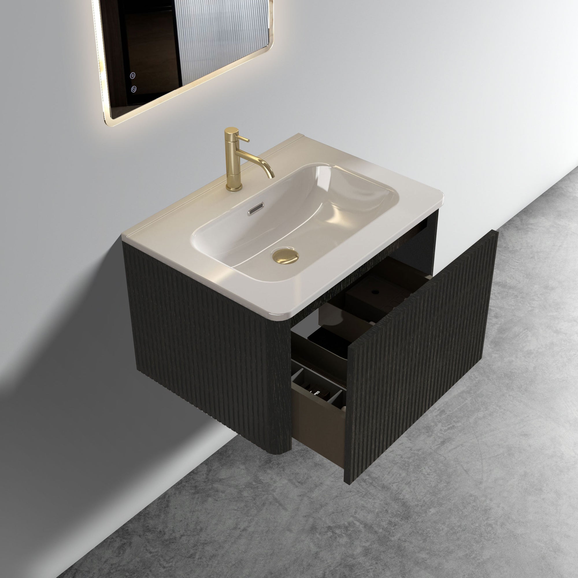 Striped Brushed Black Oak Floating Bathroom Vanity with White Ceramic Sink In Black