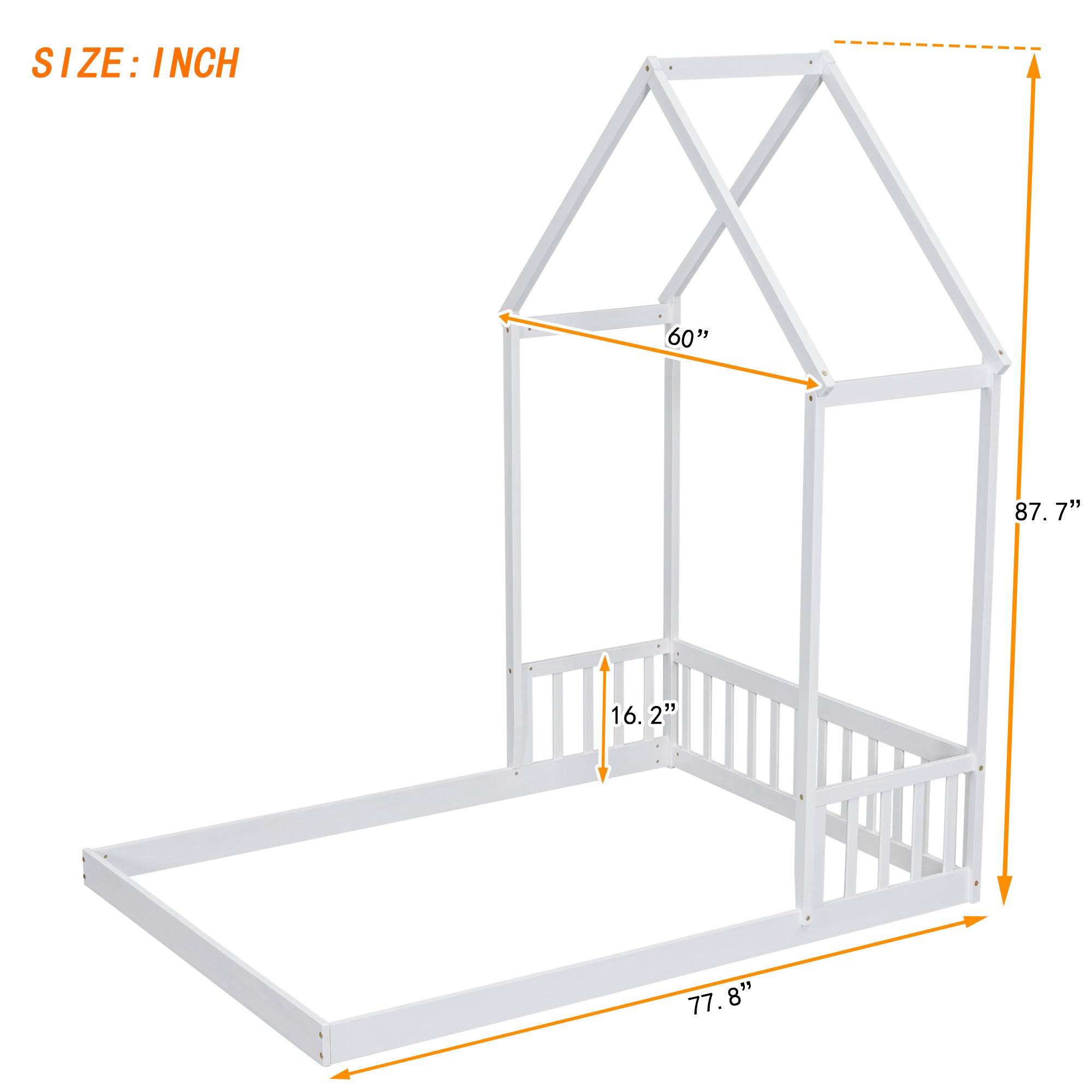 White Full Roof-Framed Headboard Toddler Floor Bed with Guardrails