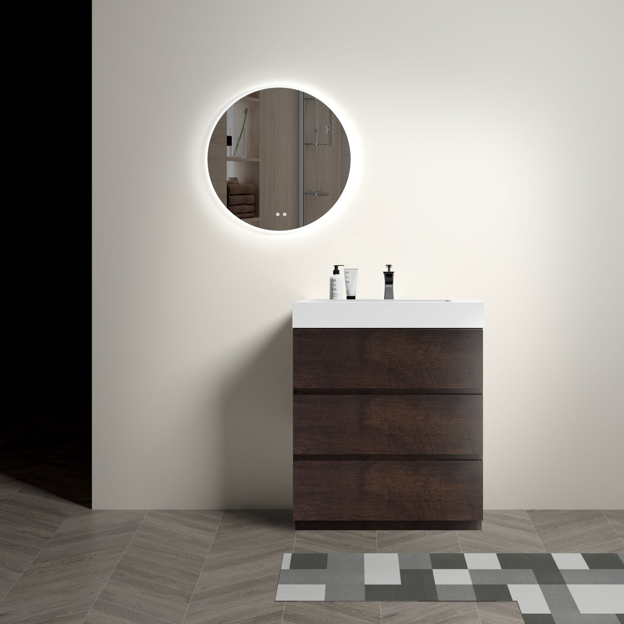 30 Walnut Bathroom Vanity with Sink Large Storage Freestanding Design One-Piece White Basin Pre-assembled In Walnut