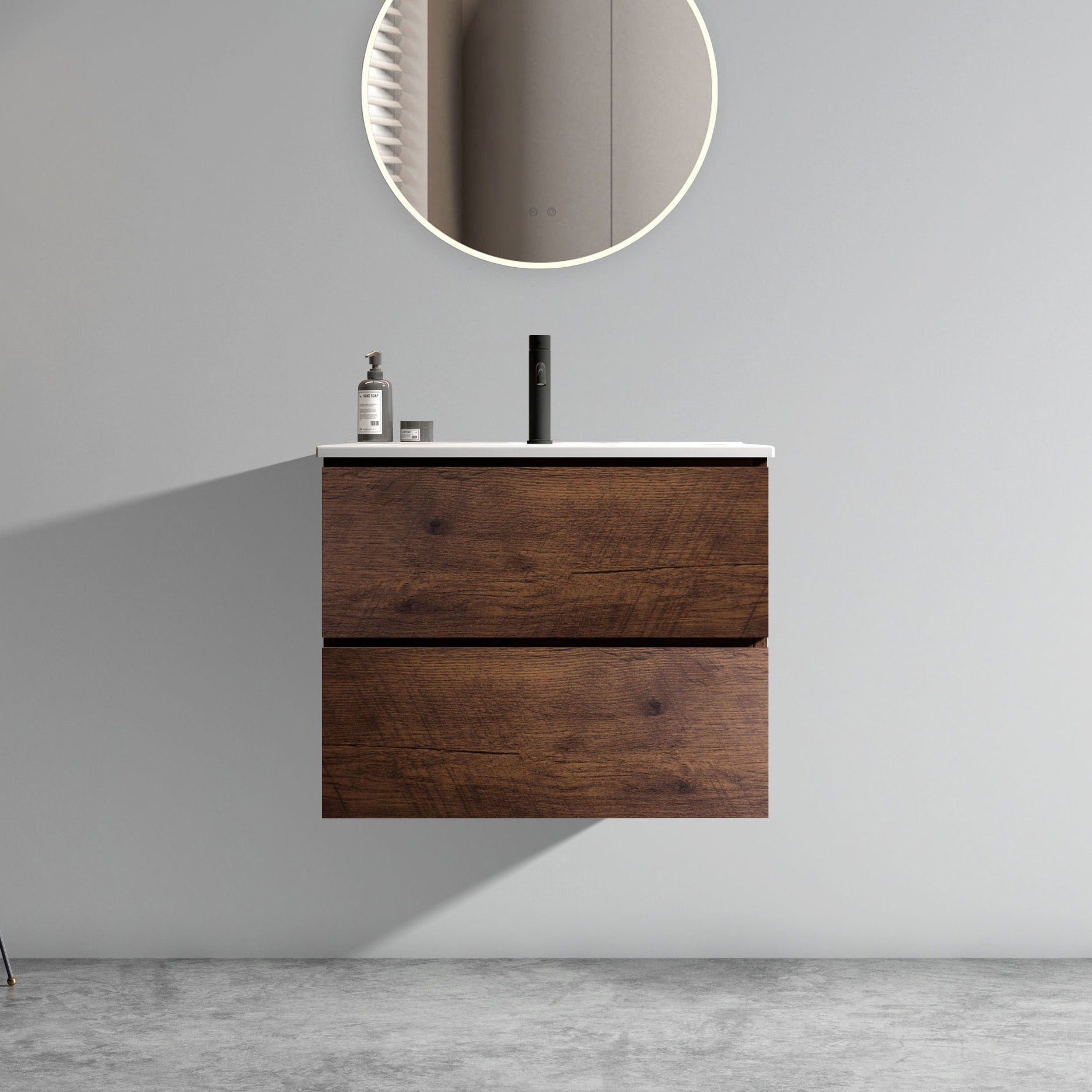 Wall Mount 24 Walnut Bathroom Vanity with Ceramic Sink Large Storage Floating Design Pre-assembled In Walnut