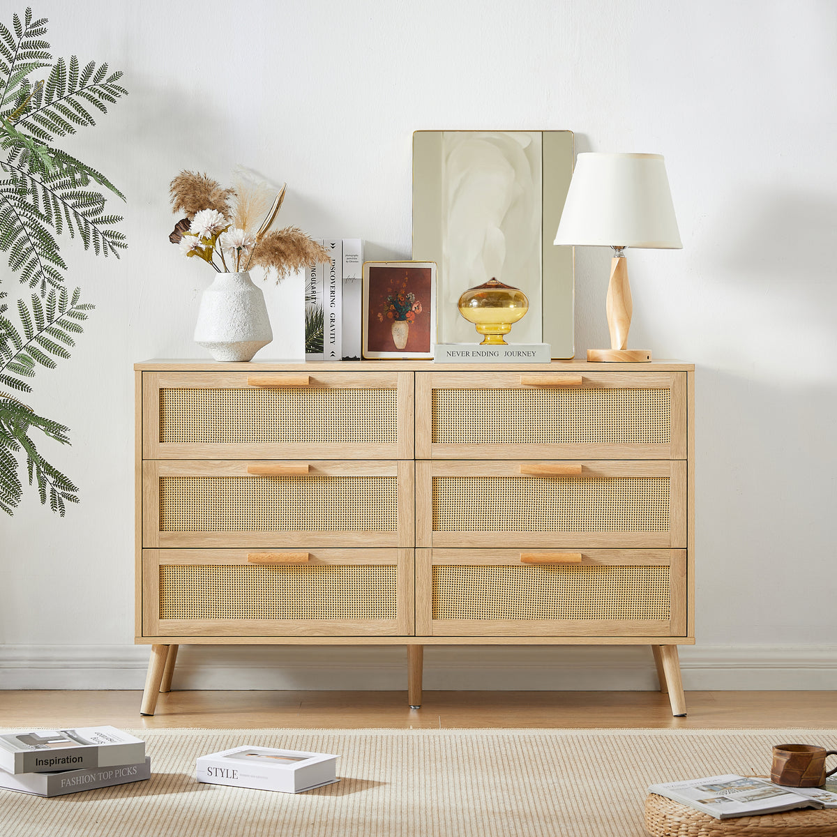 Bedroom Dresser 6 Double Dresser Wood Chest with Rattan Drawers for Kids Room and Living Room In Natural