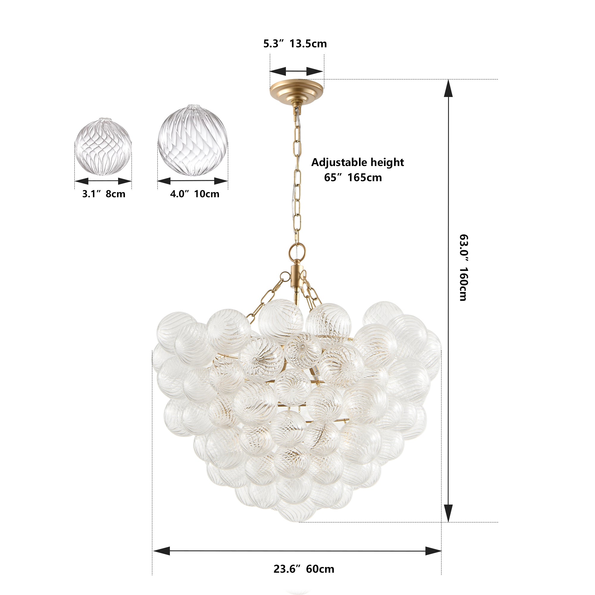 Gold Pendant Light Chandelier with Threaded Clear Glass Globe Shade