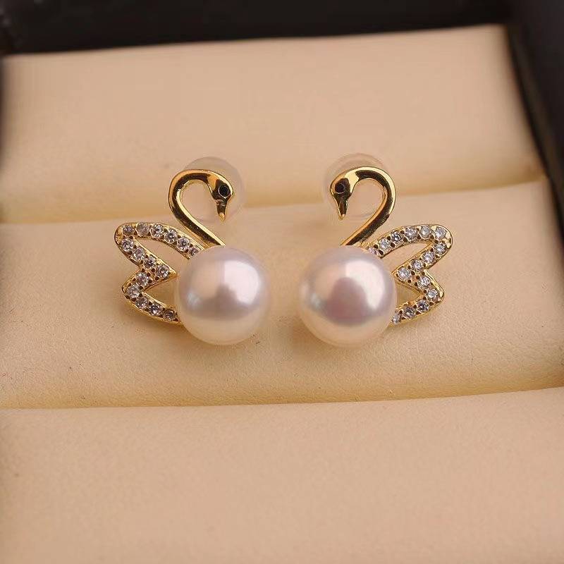 Gold Diamond Swan Earrings Gold Swan Earrings with Pearl