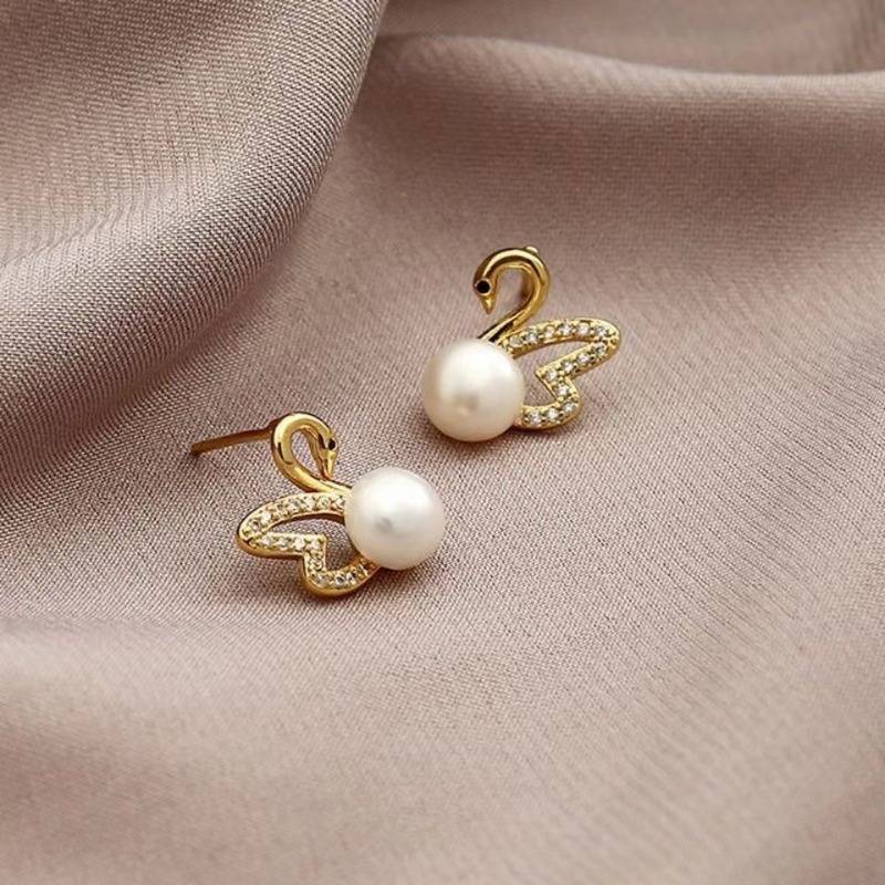 Gold Diamond Swan Earrings Gold Swan Earrings with Pearl