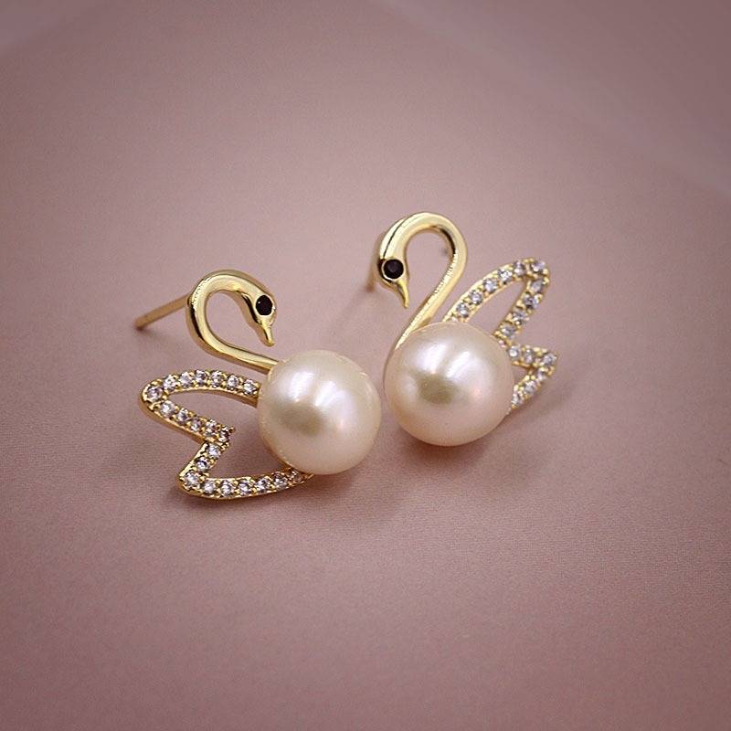 Gold Diamond Swan Earrings Gold Swan Earrings with Pearl