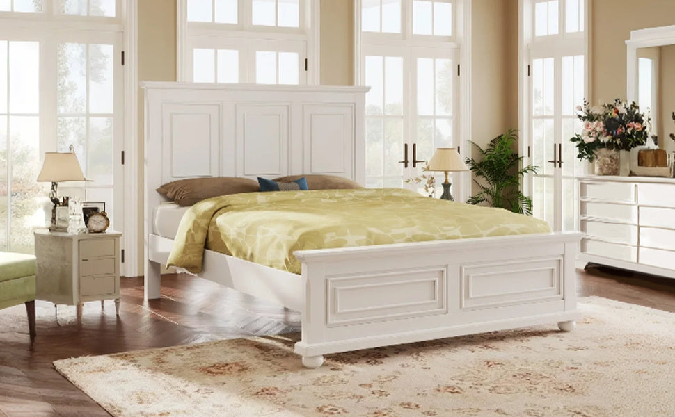 Traditional Town and Country Style Queen Panel Bed with Decorative Fretwork in White