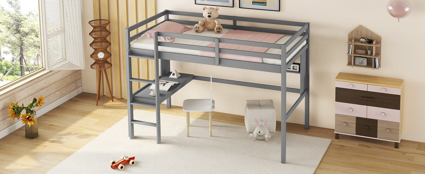 Gray Twin Loft Bed with Desk, Bookcase, and Safety Guardrail