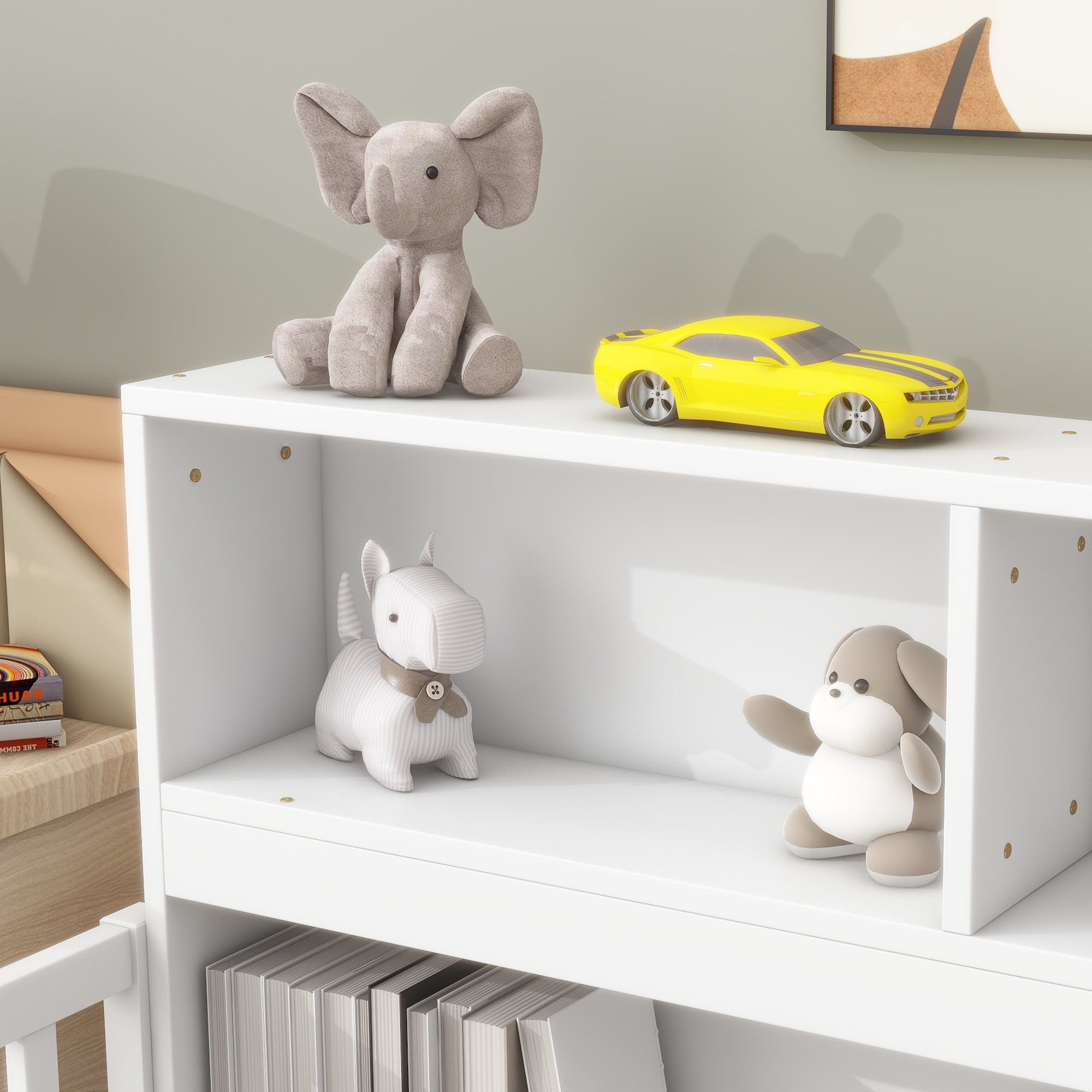 Twin Toddler Floor Bed with Bedside Bookcase, Shelves, and Guardrails in White