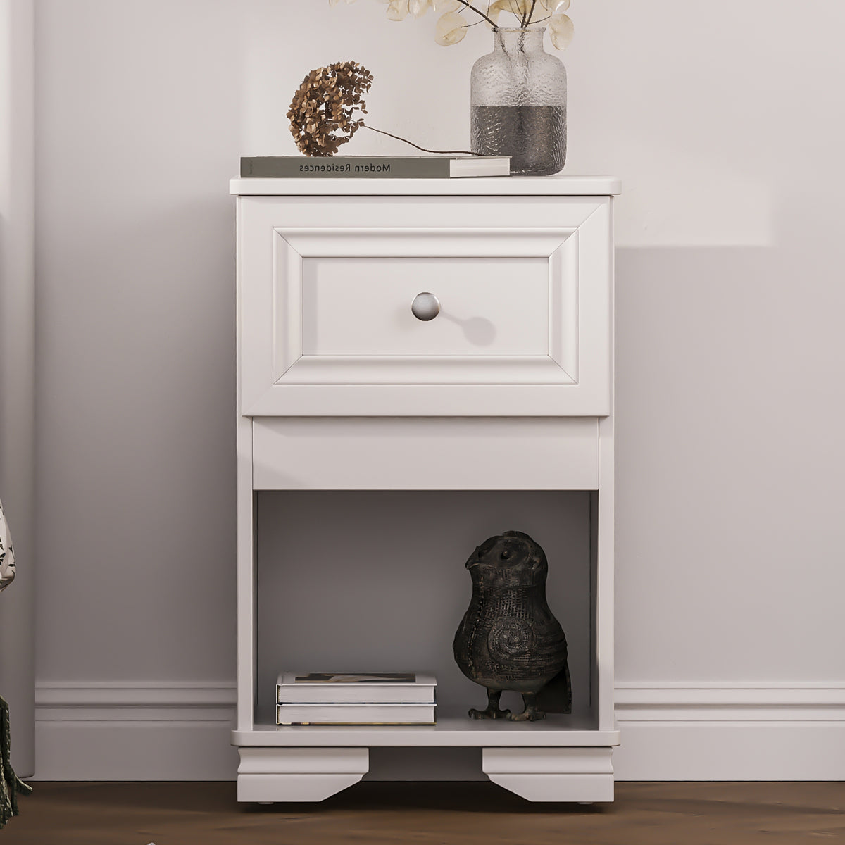 16&quot; Elegant White Nightstand with Drawer &amp; Open Shelf Space