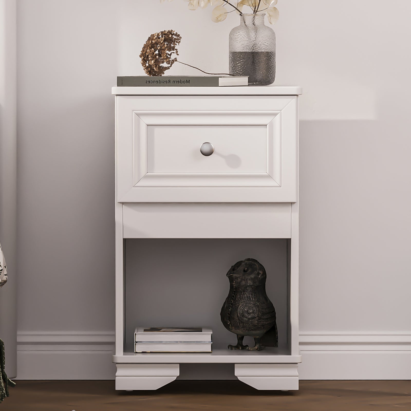 16" Elegant White Nightstand with Drawer & Open Shelf Space