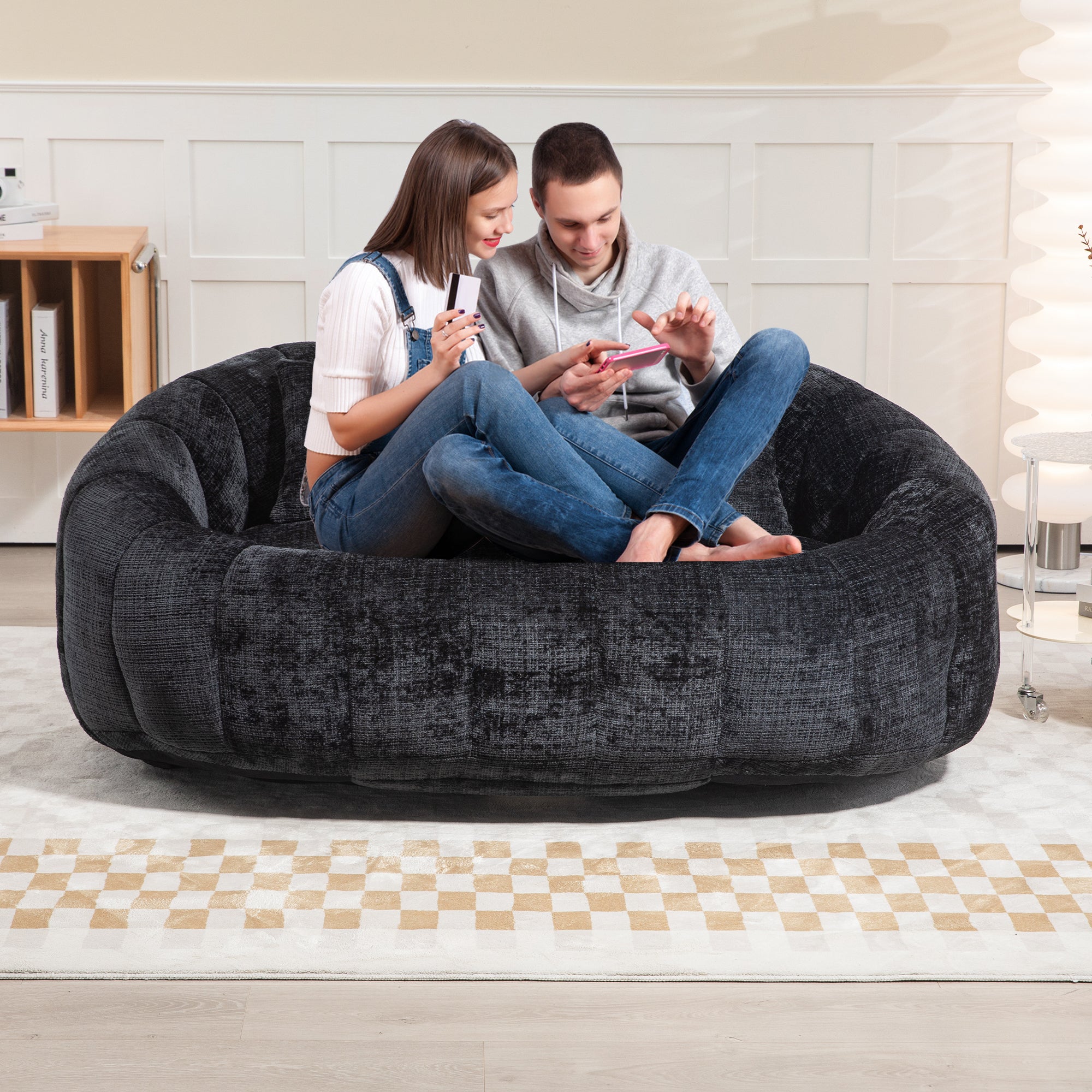 Comfortable High-Back Bean Bag Sofa in Black Chenille