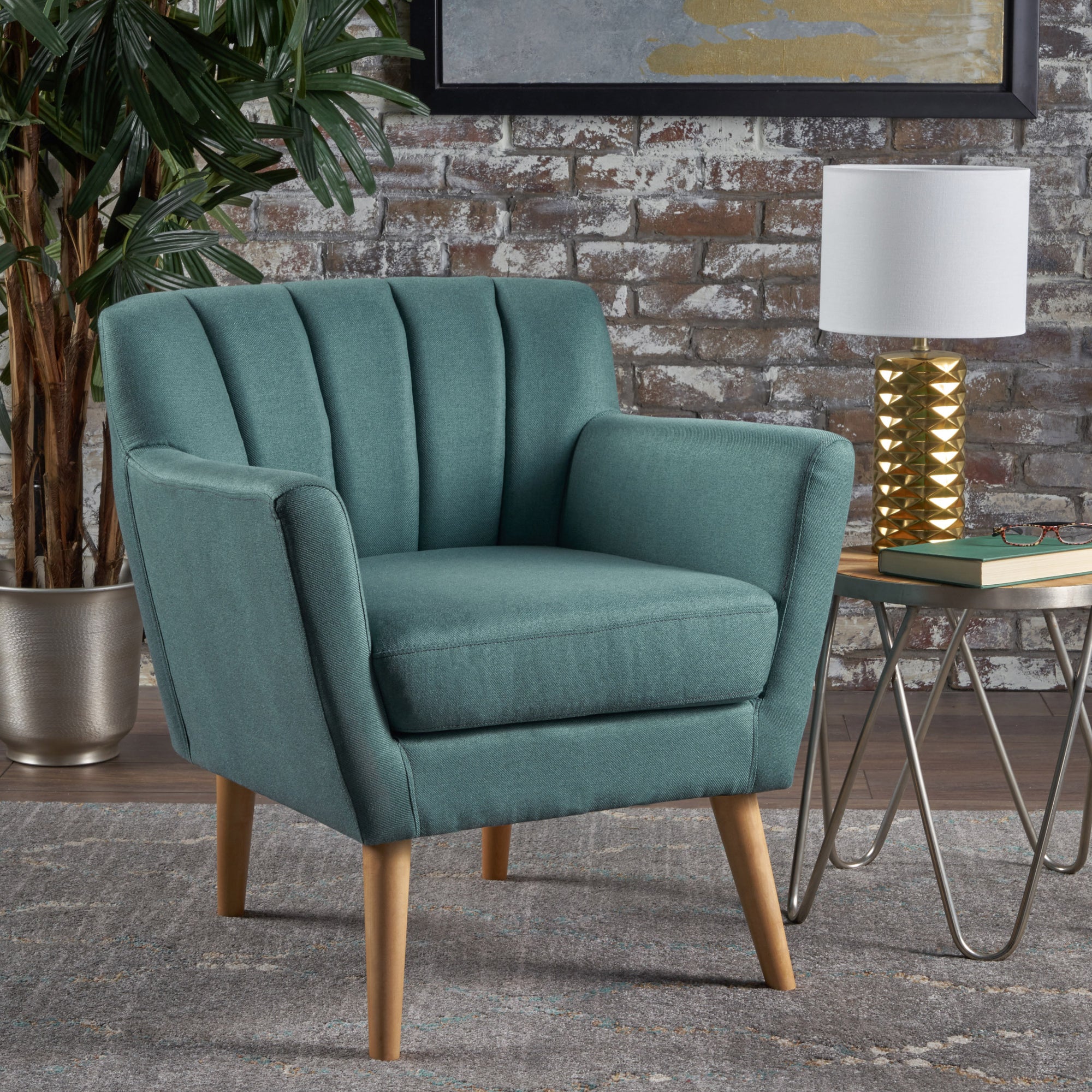 Mid Century Modern Club Chair In Dark Teal Fabric