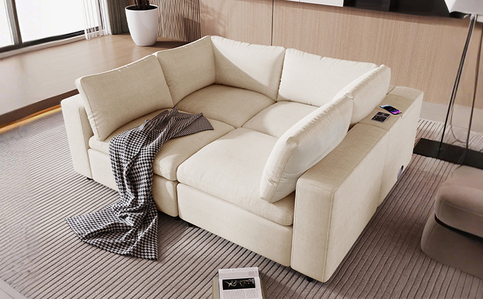 4-Seater Modular Sofa with Wireless Charging &amp; Bluetooth - Beige