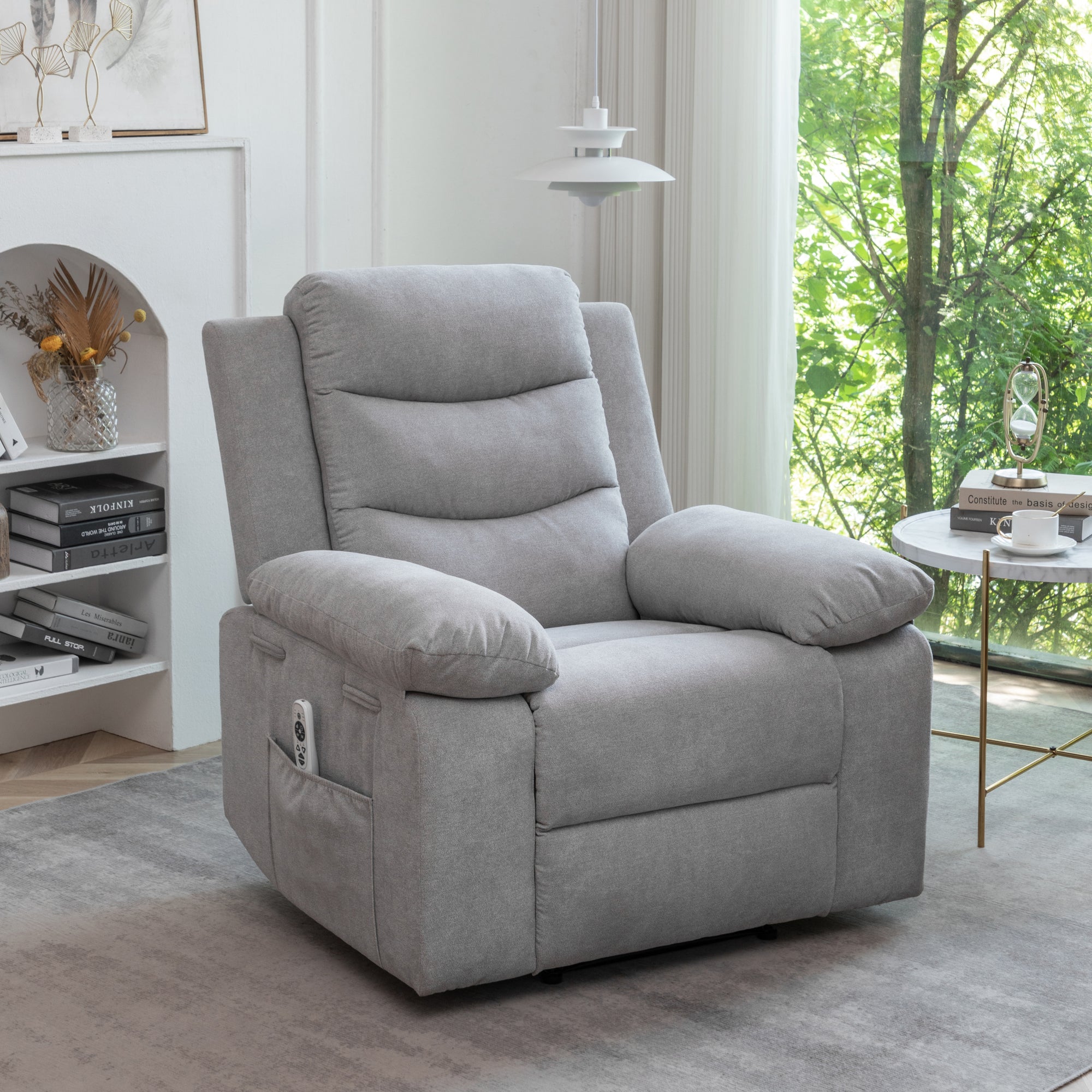 Power Recliner Chair with Adjustable Massage and Heating Function, Light Gray Velvet Electric Chair for Elderly with Side Pockets