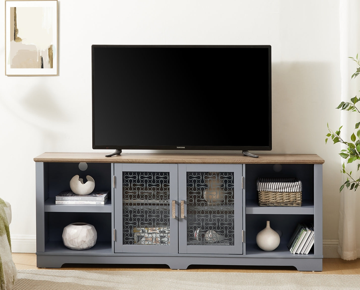 Modern Farmhouse TV Media Stand for TVs Up to 80 Inches with Open Shelves and Glass Door Cabinets In Light Blue and Light Oak