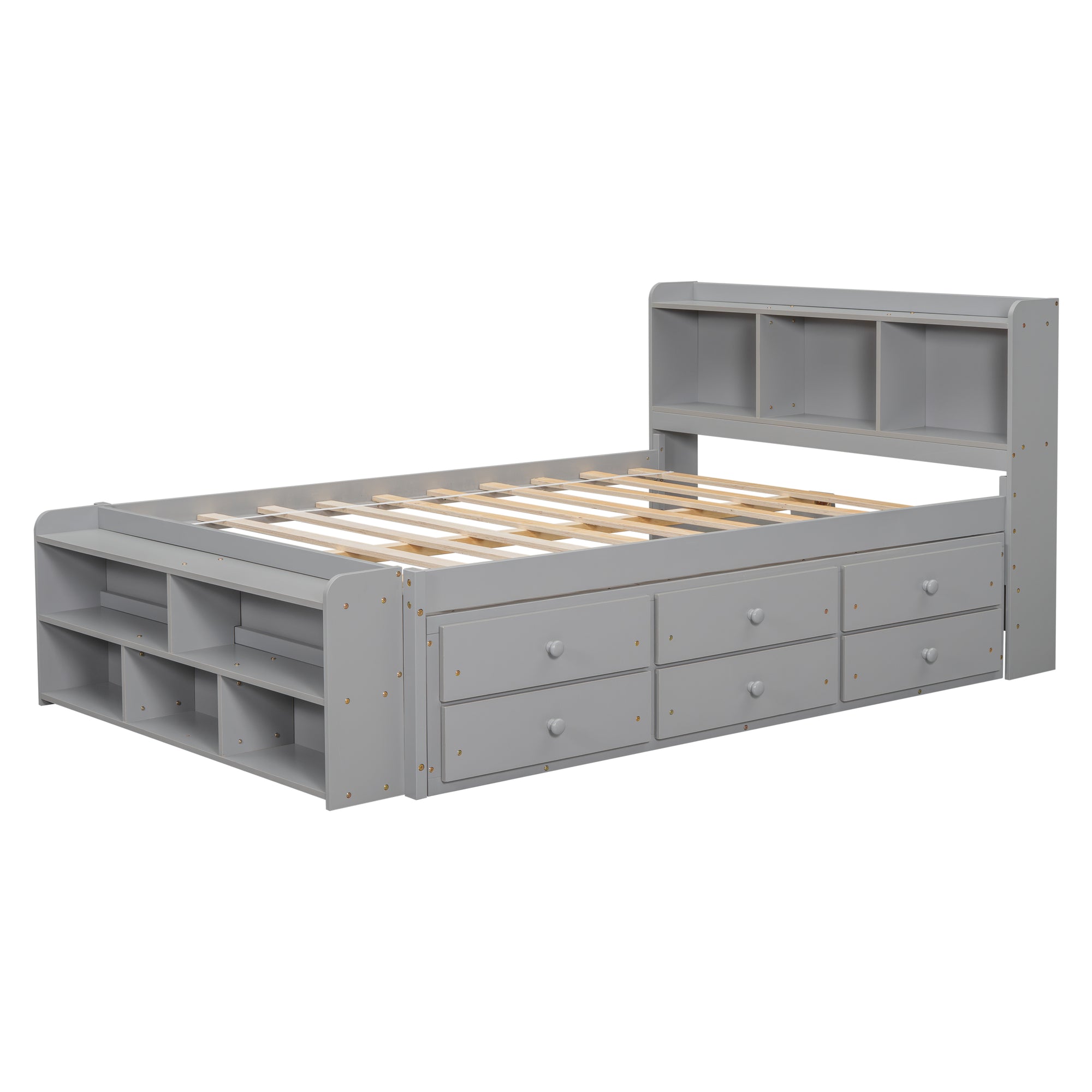 Gray Full Bed with Bookcase Headboard, Storage Drawers, and Bed-End Storage Case