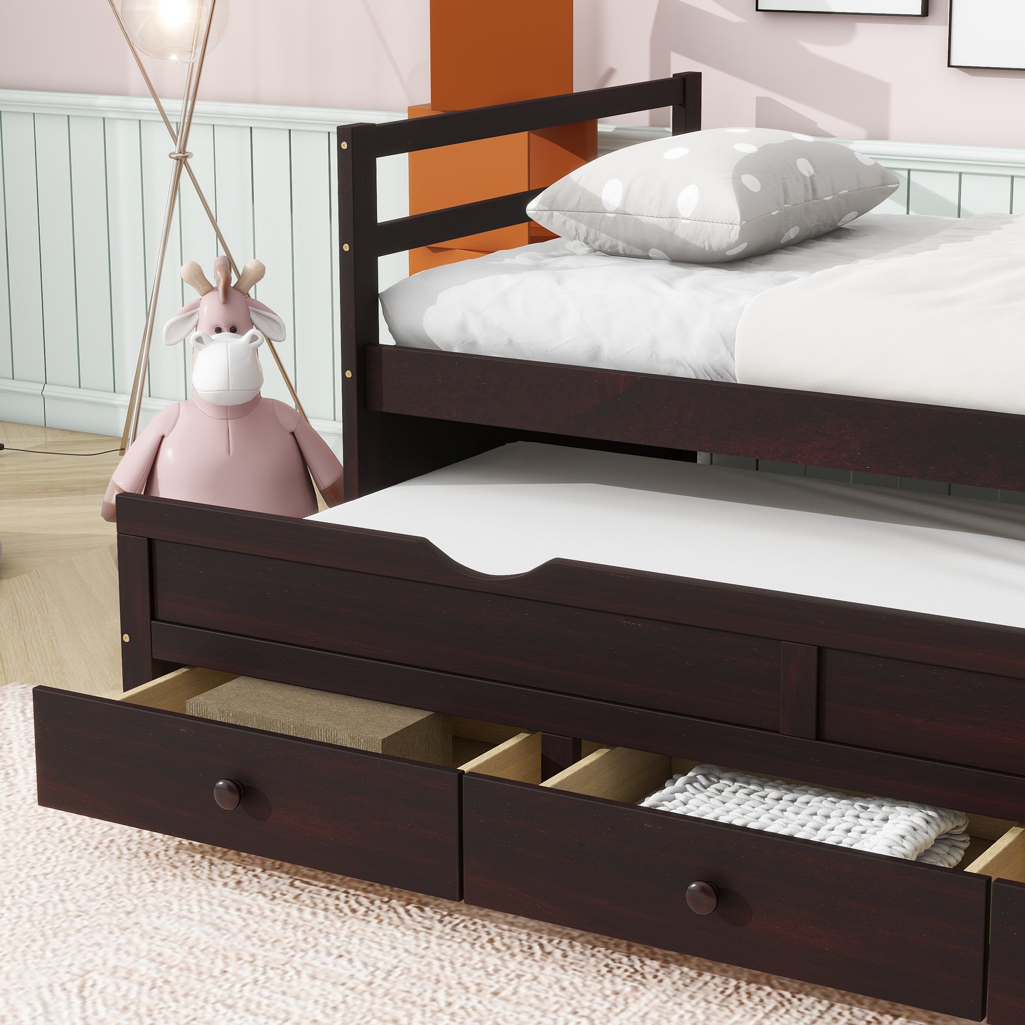 Espresso Pine Twin Size Bed with Headboard, Footboard, Trundle, and Three Storage Drawers