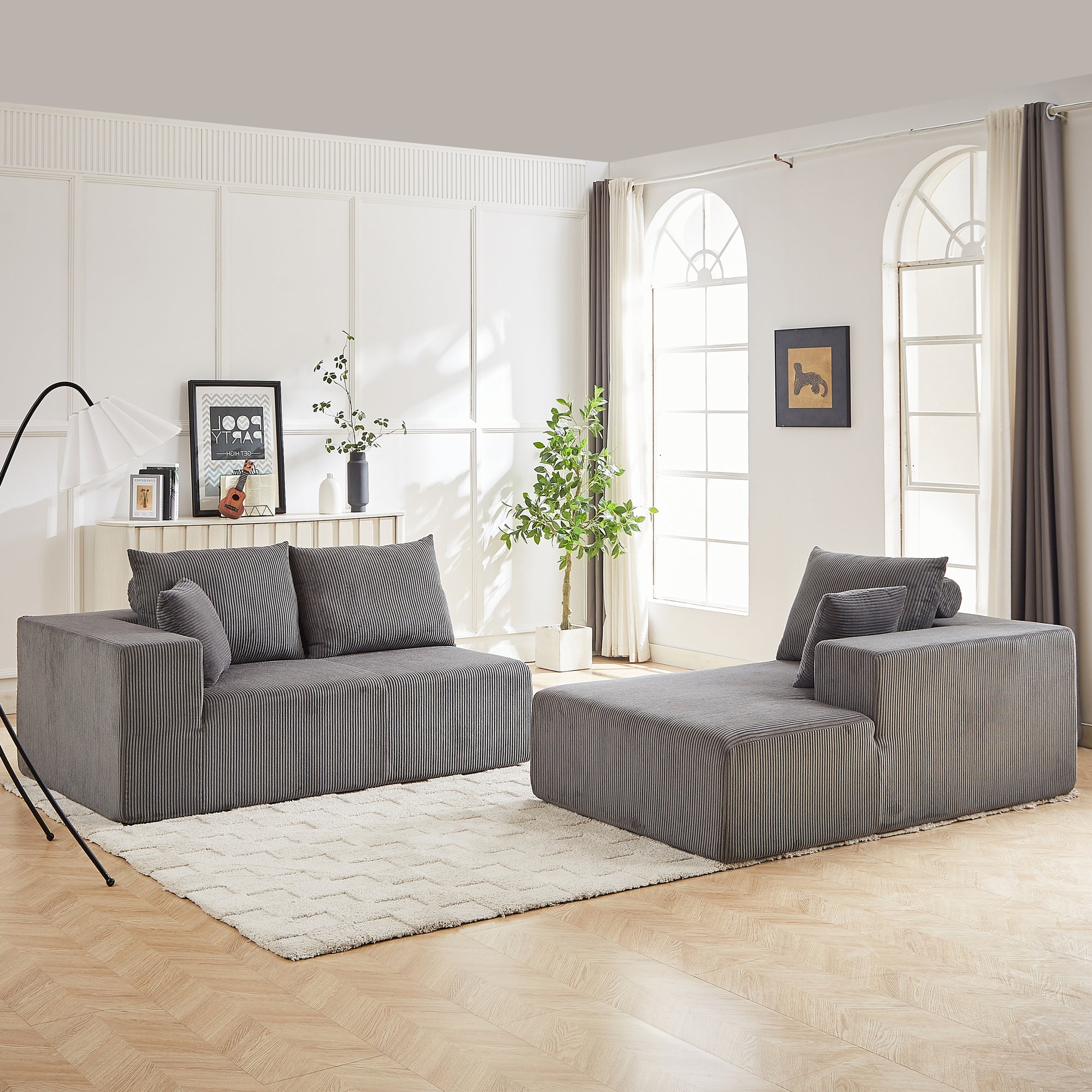 Modern Corduroy Upholstered Sectional Sofa Couch Set With Modular Design And Five Pillows For Customizable Comfort In Grey