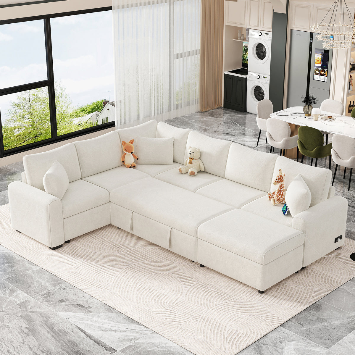 112.2&#39; Sectional Sofa Bed Sleeper with Storage Ottoman and USB Charging In Cream