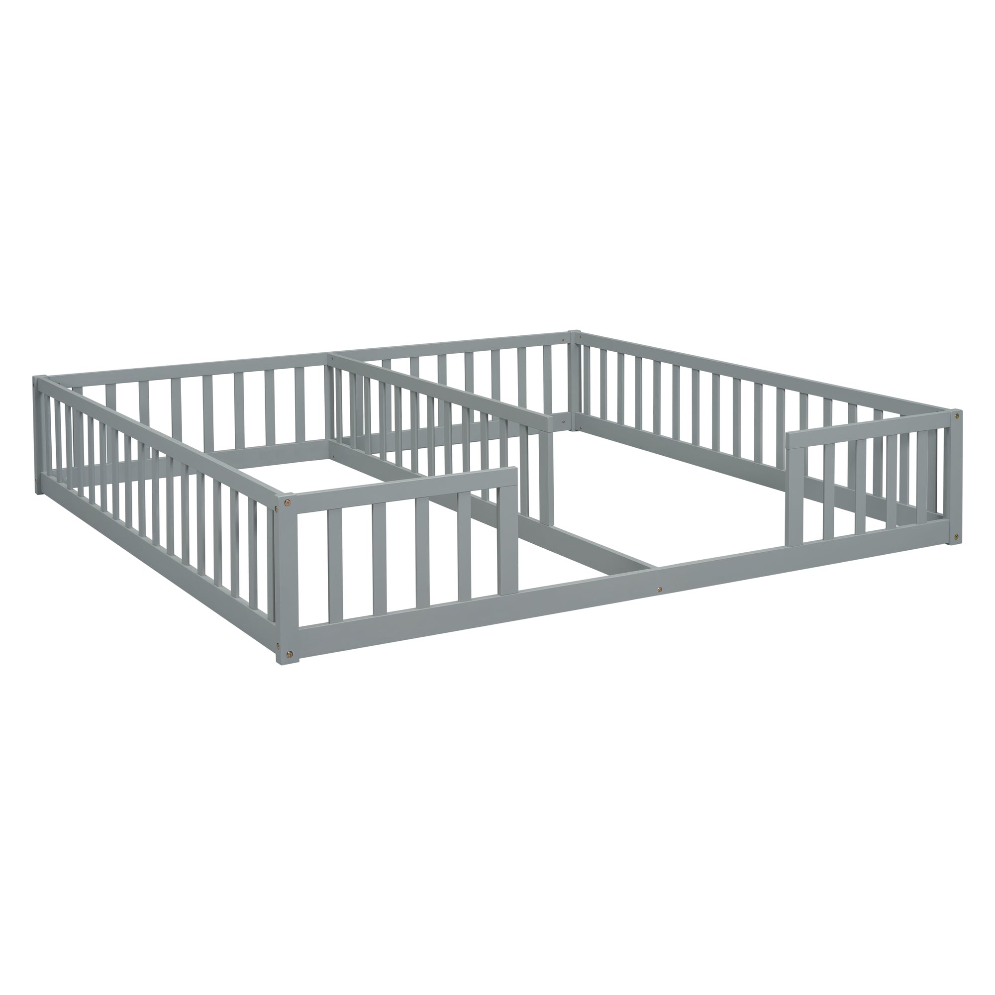 Gray Double Twin Toddler Floor Bed with Fence and Guardrails