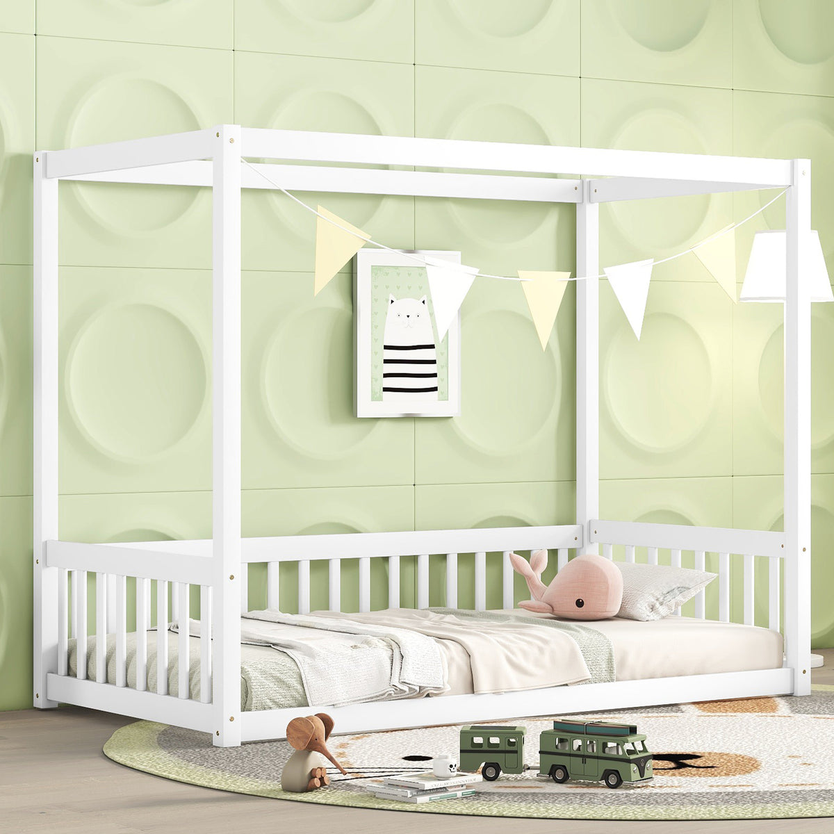 Twin Size White Canopy Frame Floor Bed with Fence and Guardrails