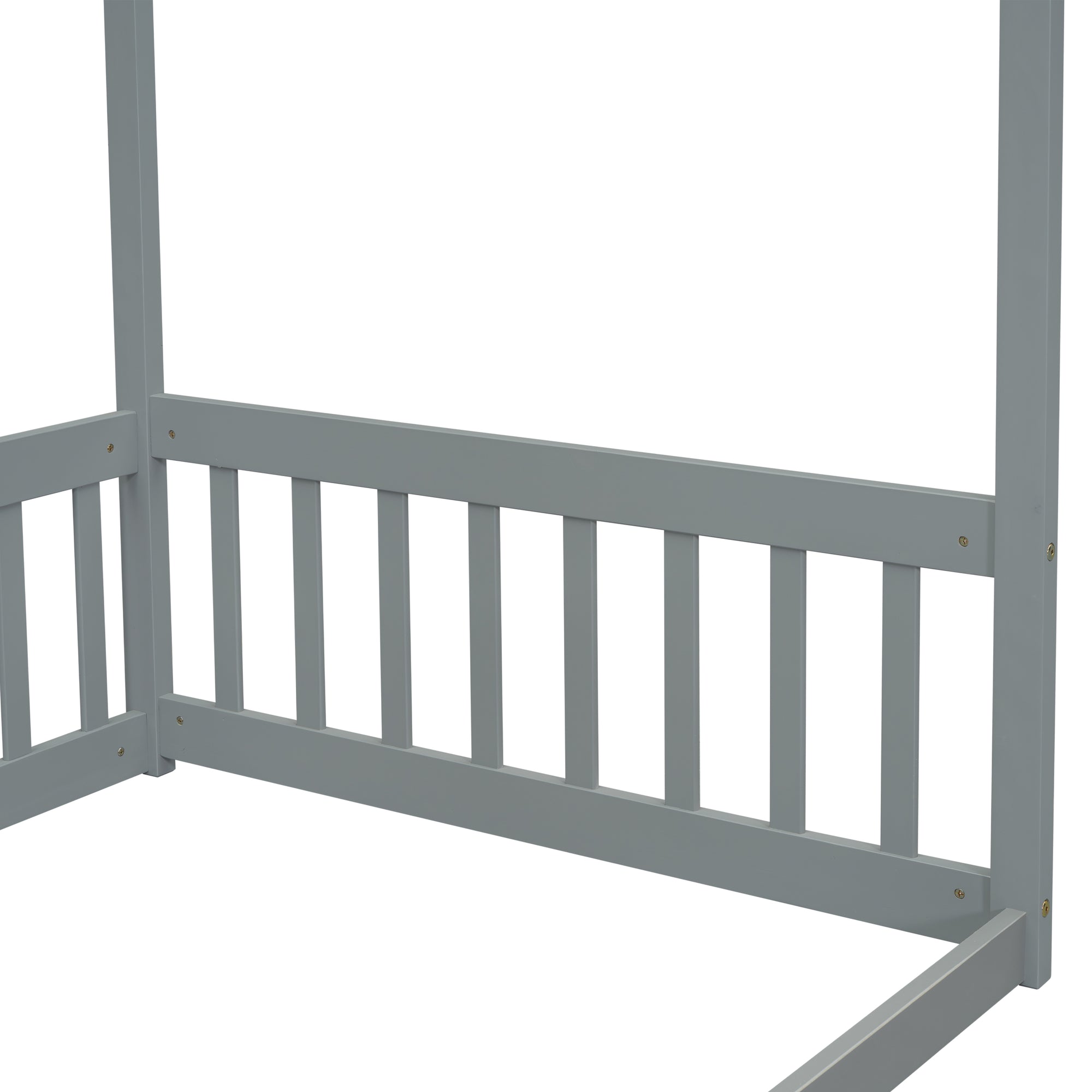 Gray Twin Size Canopy Frame Floor Bed with Fence and Guardrails