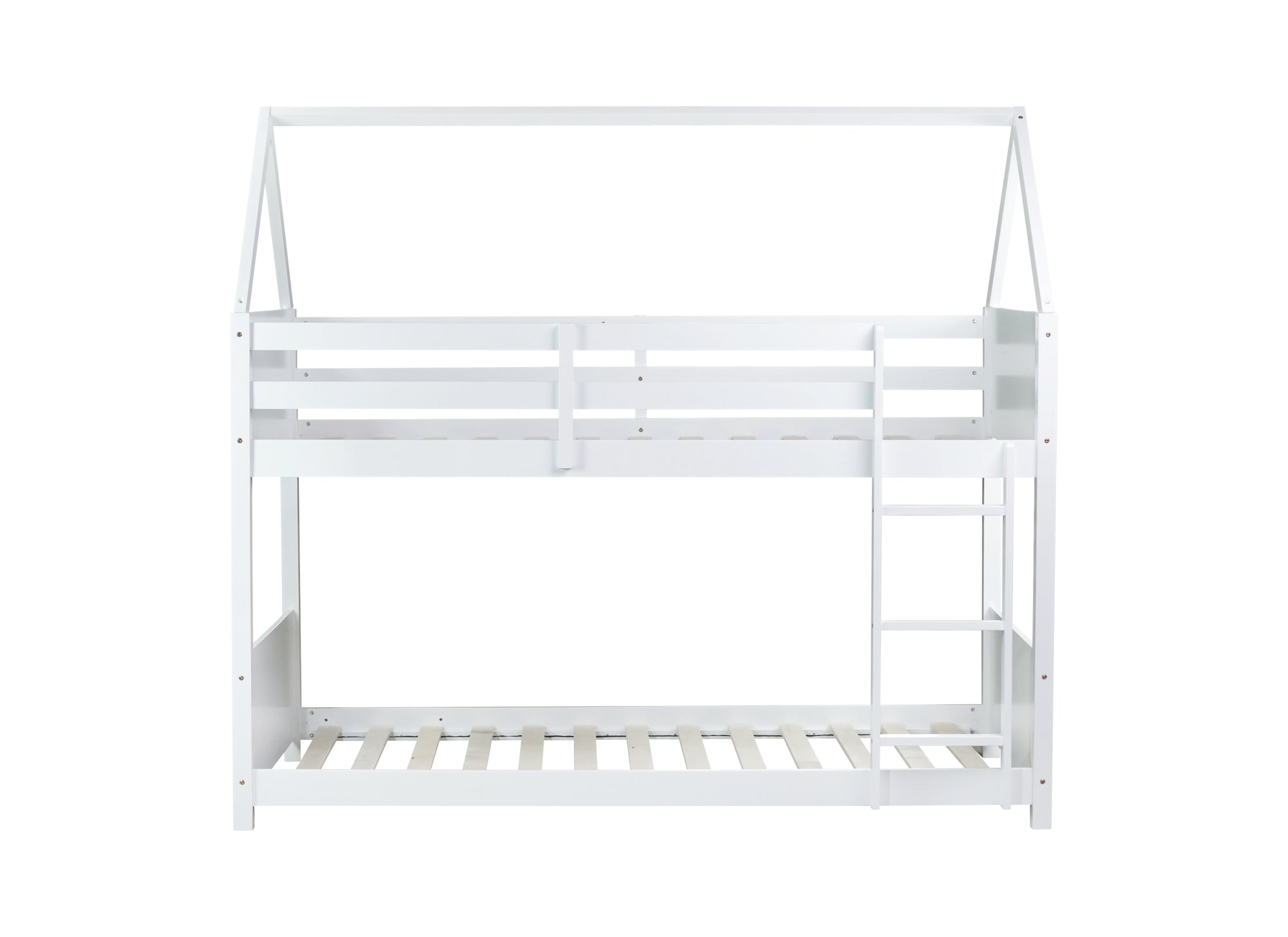 Twin Over Twin House Floor Bunk Bed with Guardrails and Ladder