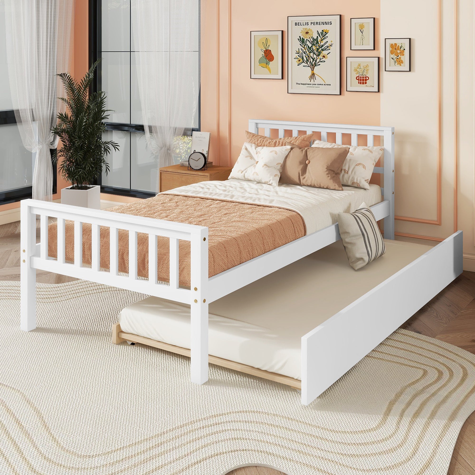 White Twin Bed with Pull-Out Trundle