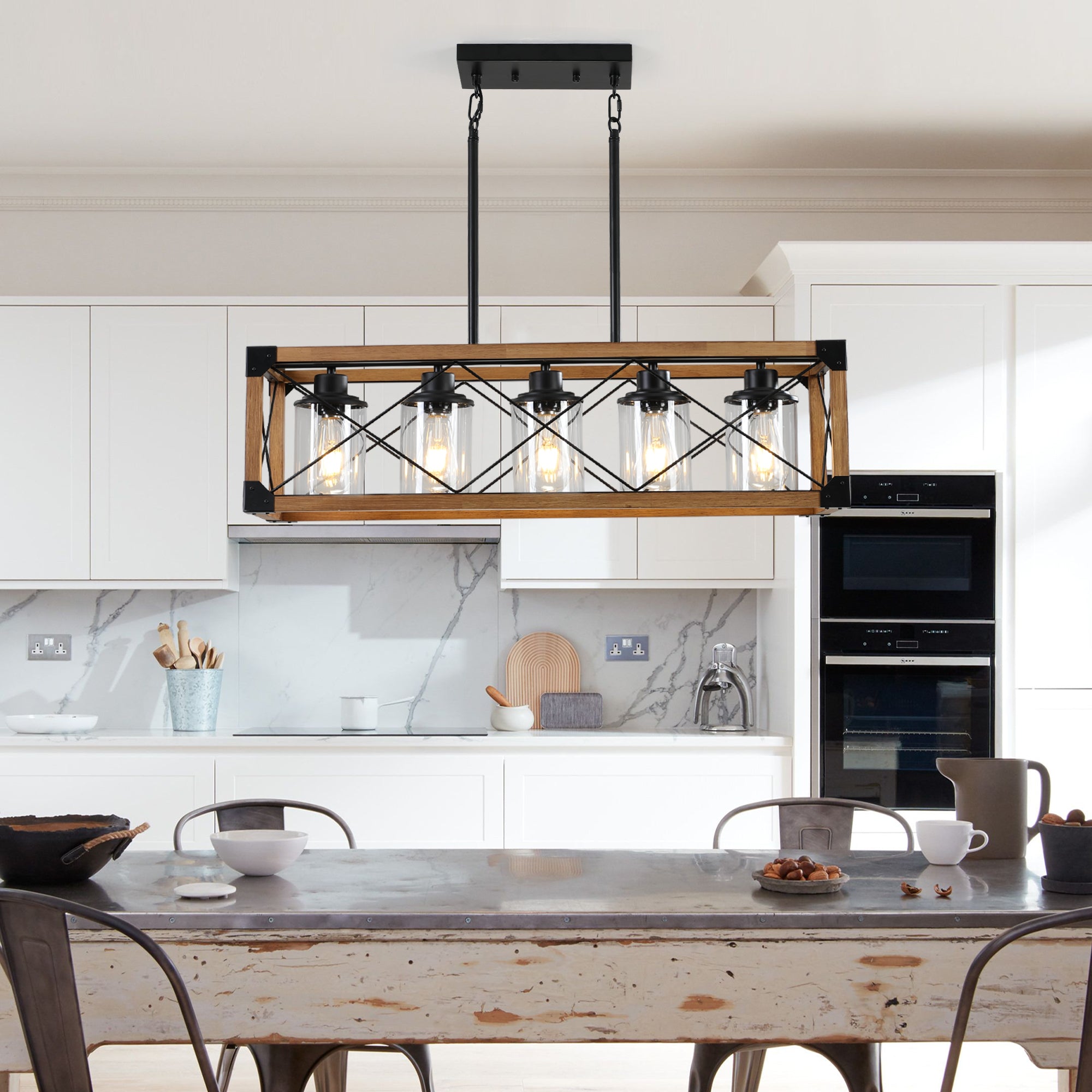 Farmhouse 5-Light Walnut and Black Chandelier with Adjustable Height Boom