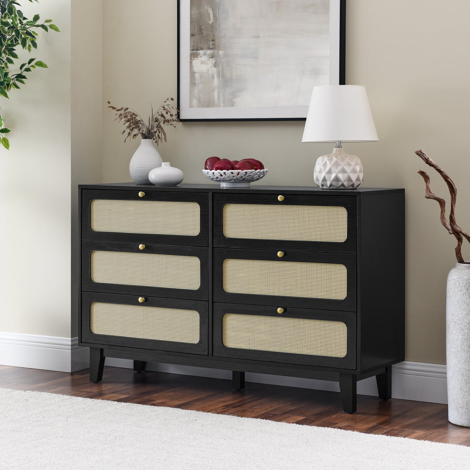 Nøordka Light Dresser Default 53" Black Wooden Bedroom Dresser With Six Rattan Drawers