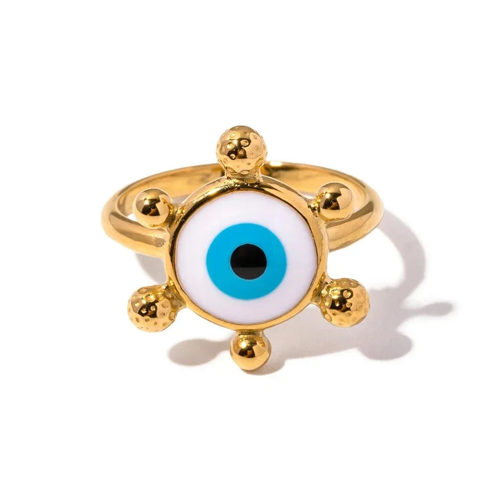 18k Bohemian Evil Eye Rings gold ring with an eye design displayed on a white background.