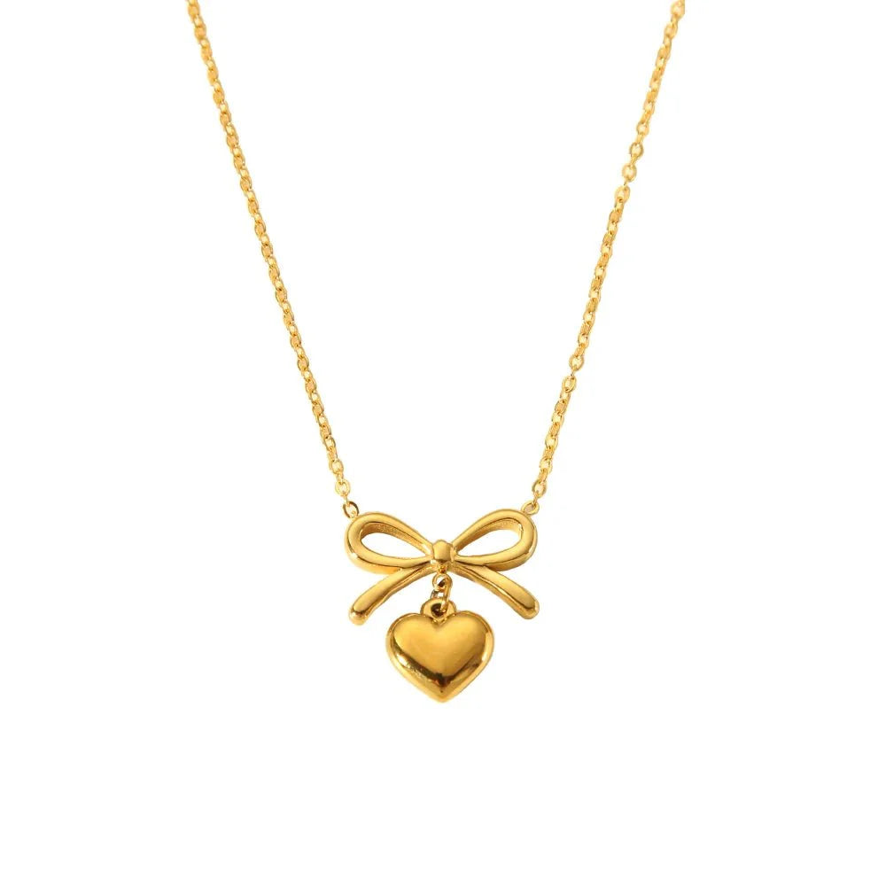 18k dainty bow & heart necklace