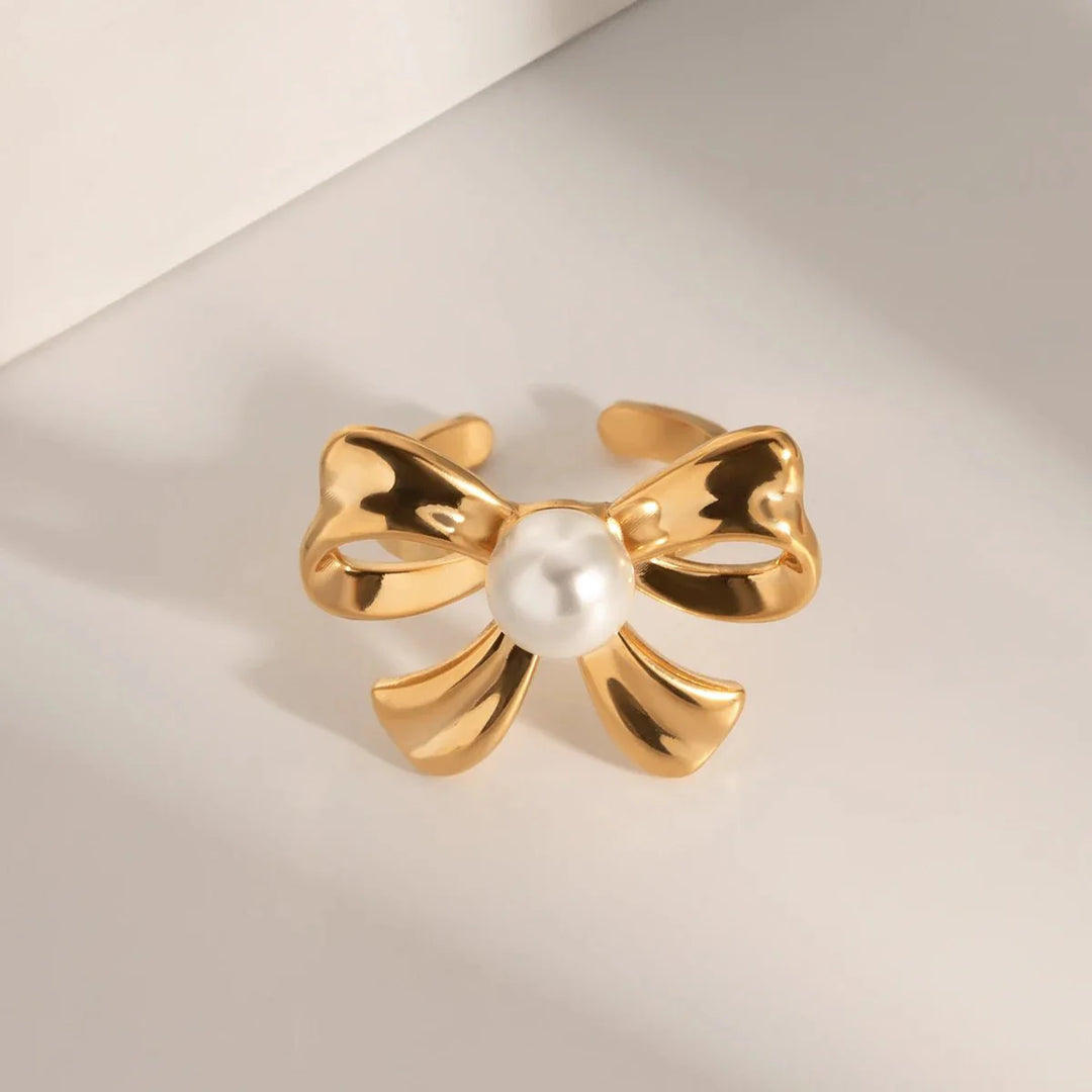 18k Dainty Bow Pearl Center Necklace, Earring, Ring Set