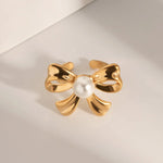 Load image into Gallery viewer, 18k Dainty Bow Pearl Center Necklace, Earring, Ring Set
