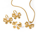 Load image into Gallery viewer, 18k Dainty Bow Pearl Center Necklace, Earring, Ring Set

