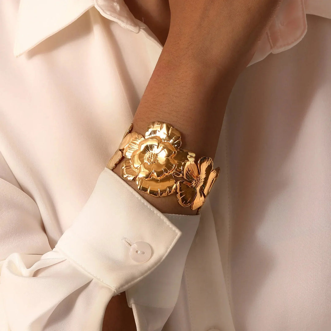 18k Floral Cuff Bangle Bracelets