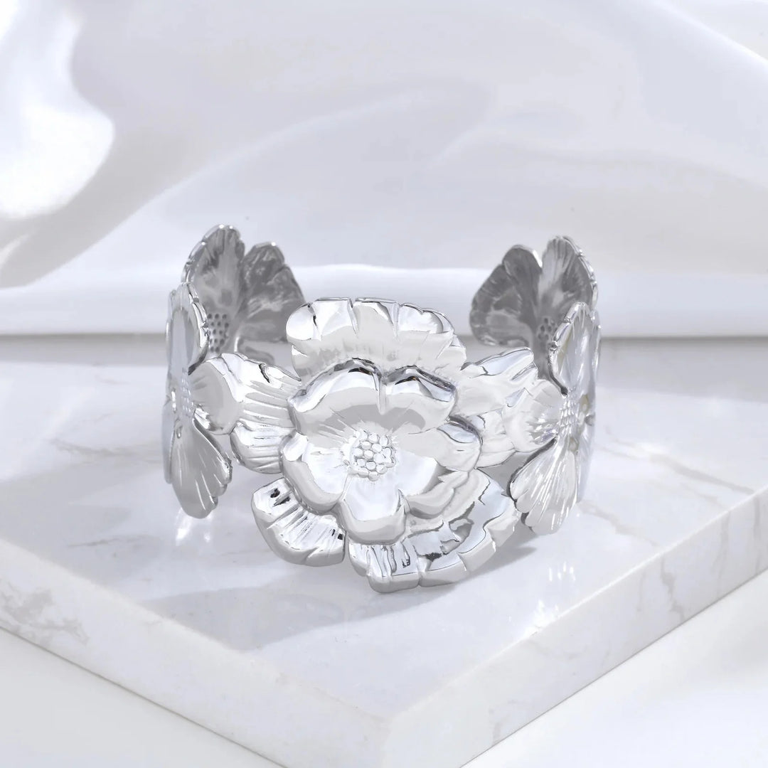 18k Floral Cuff Bangle Bracelets