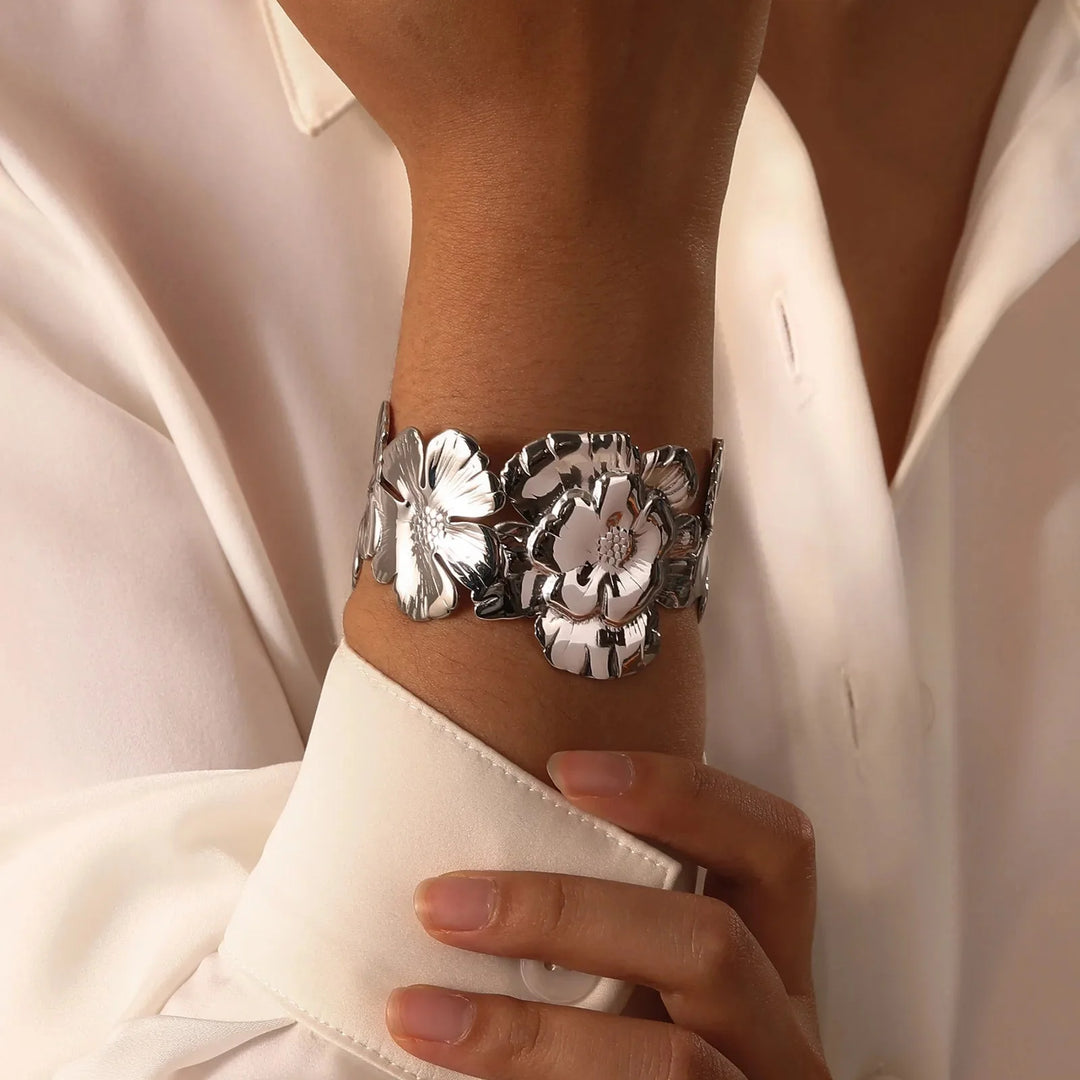 18k Floral Cuff Bangle Bracelets