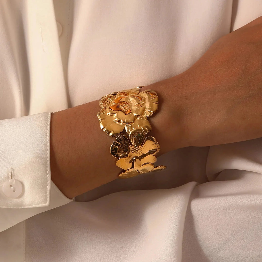 18k Floral Cuff Bangle Bracelets