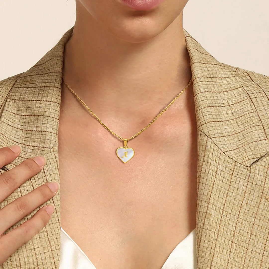 18k Pearl Heart Initial Letter Necklace