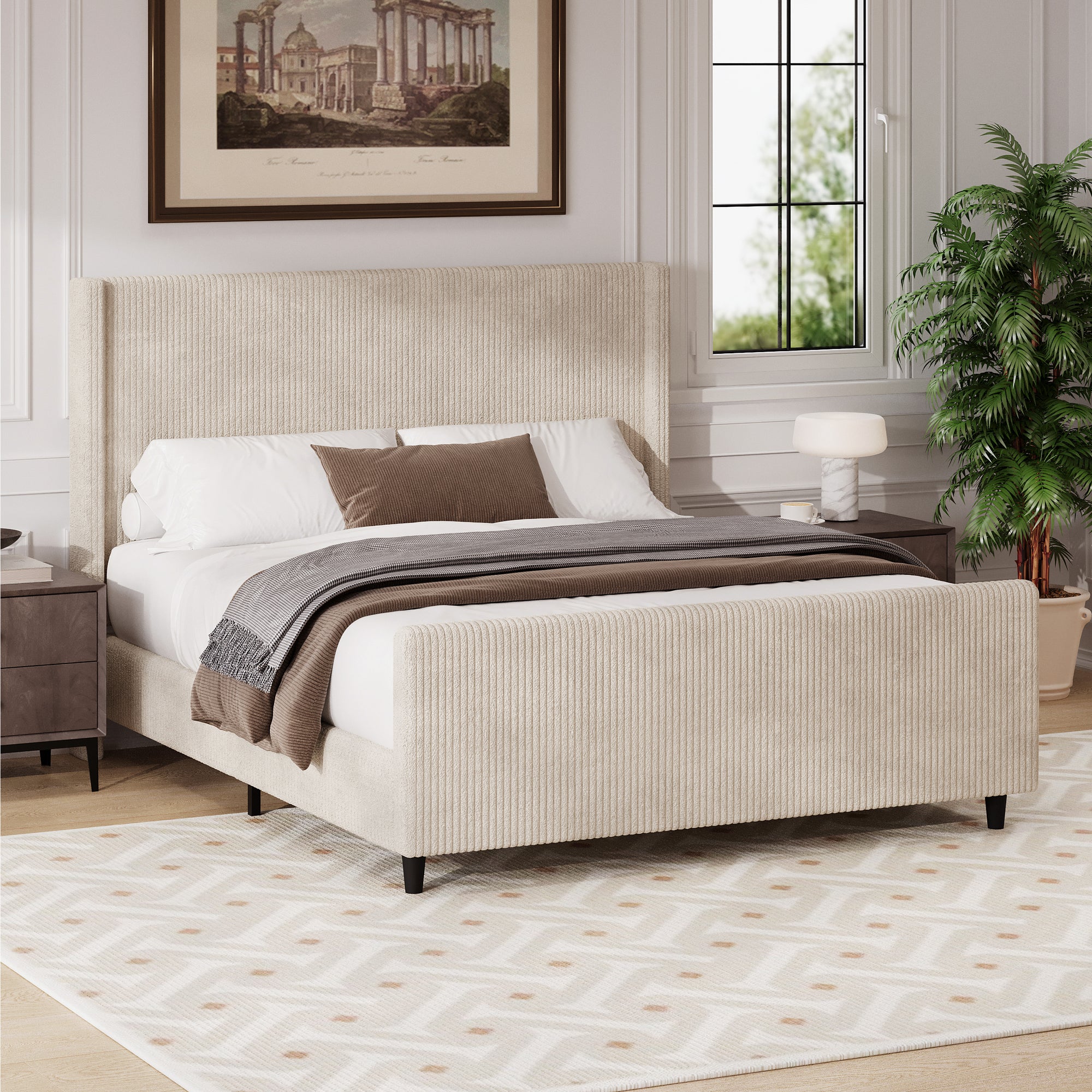 Modern Queen Size Cream Corduroy Upholstered Platform Bed Frame With High Headboard