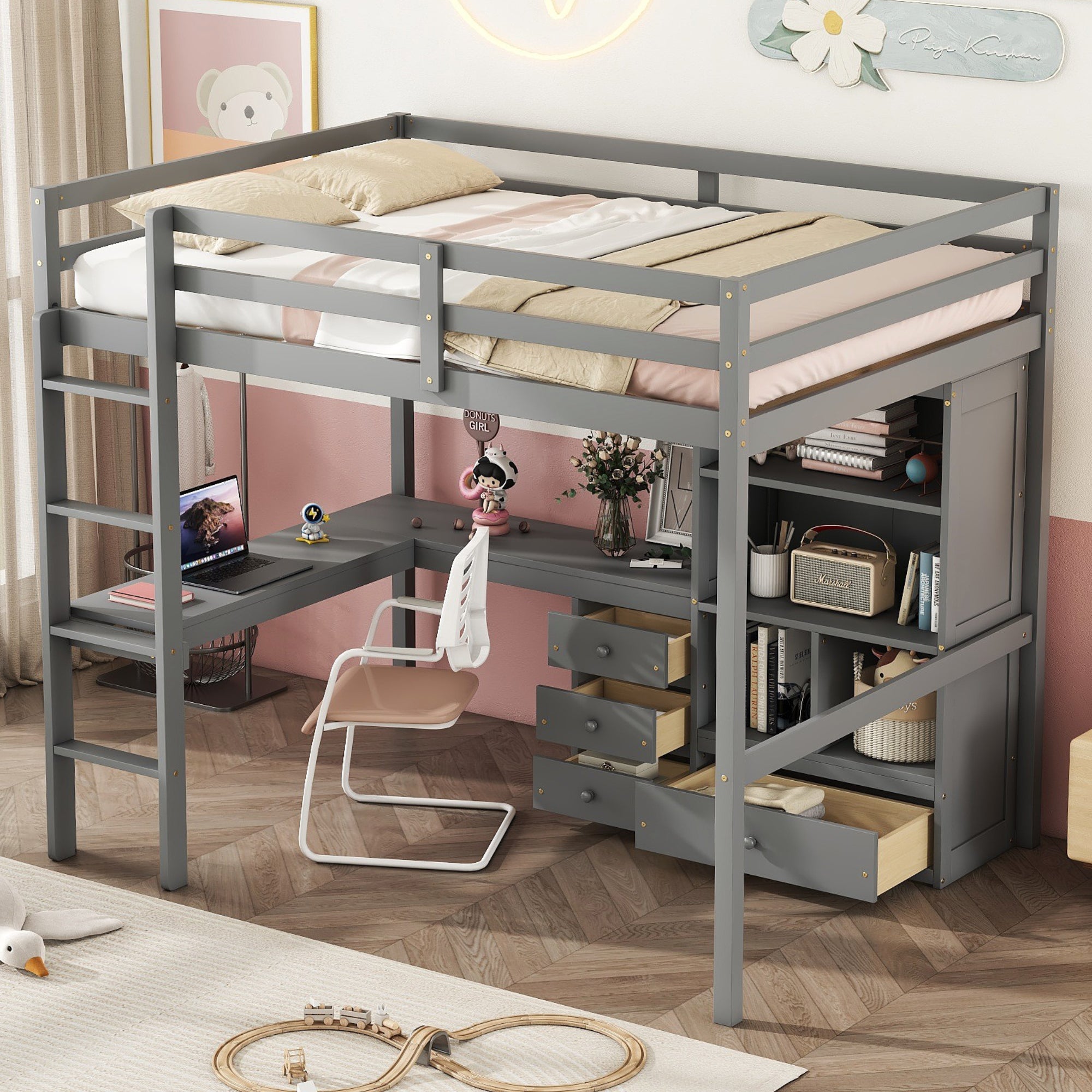 Gray Full Size High Loft Bed with Desk, Storage Shelves, and Drawers