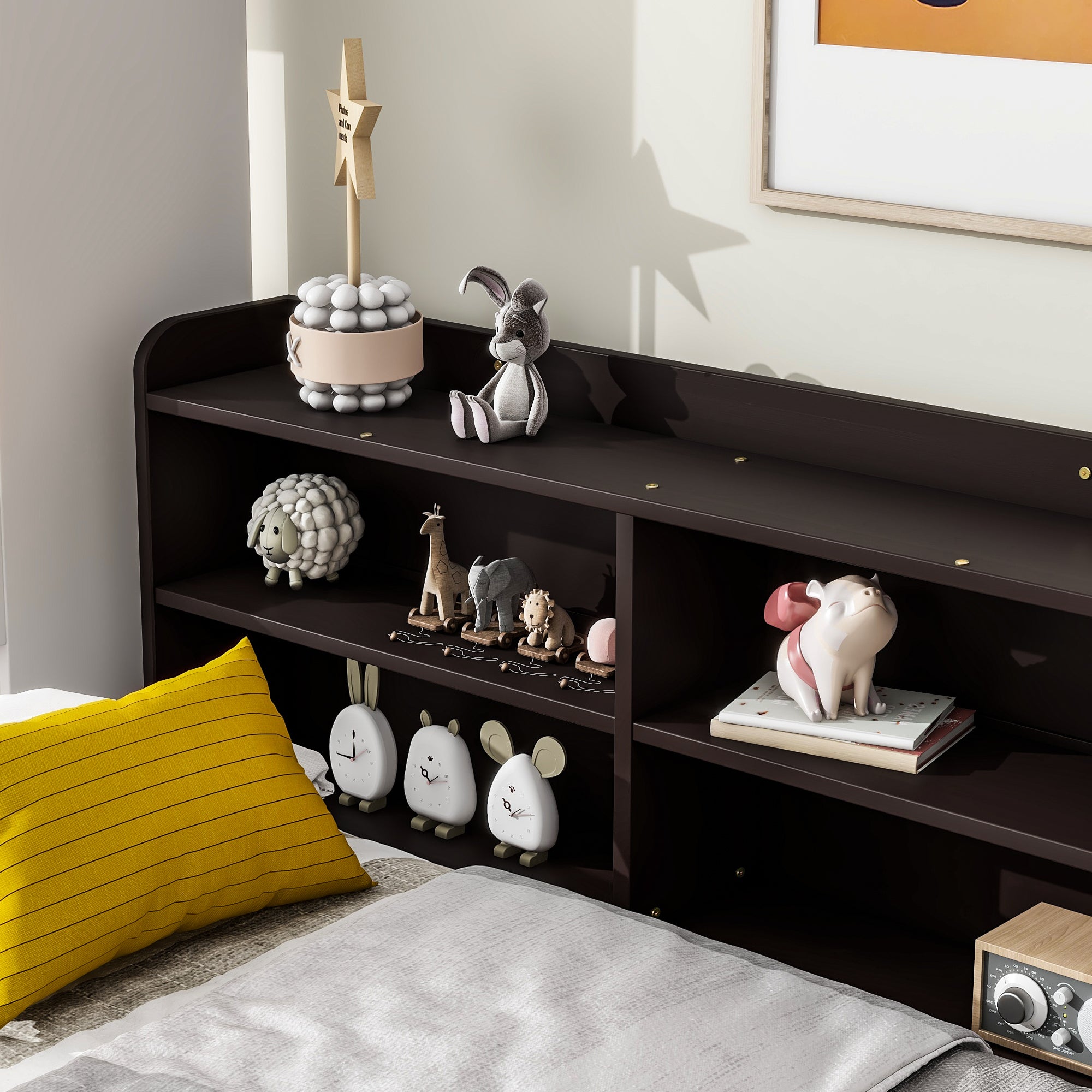 Full Bed with Side Bookcase and Storage Drawers in Espresso Tones