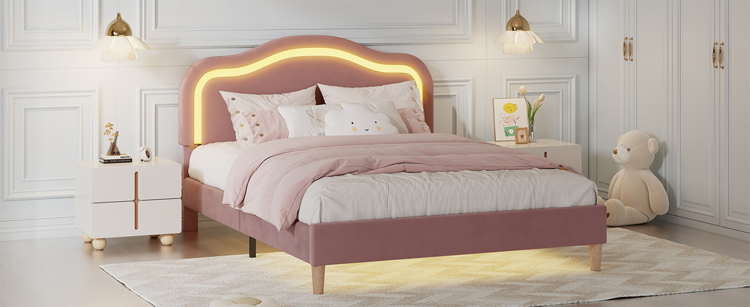 Pink Queen Bed Frame with Adjustable LED Lights and Velvet Upholstery