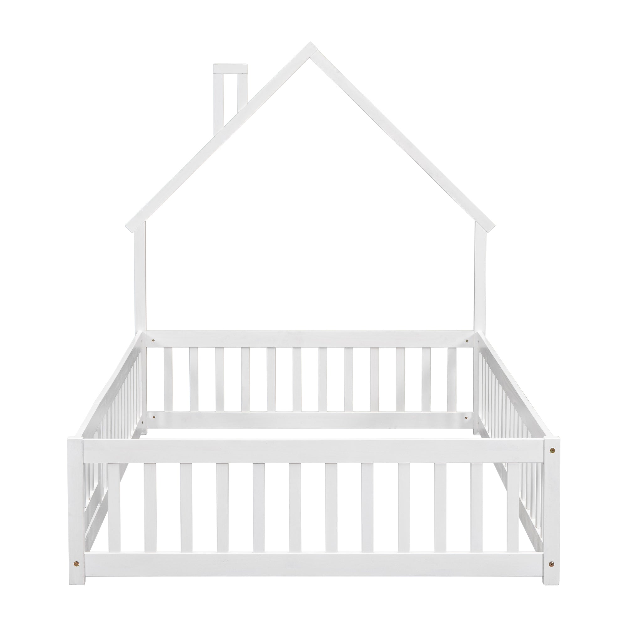 White Full House-Shaped Headboard Toddler Floor Bed with Fence