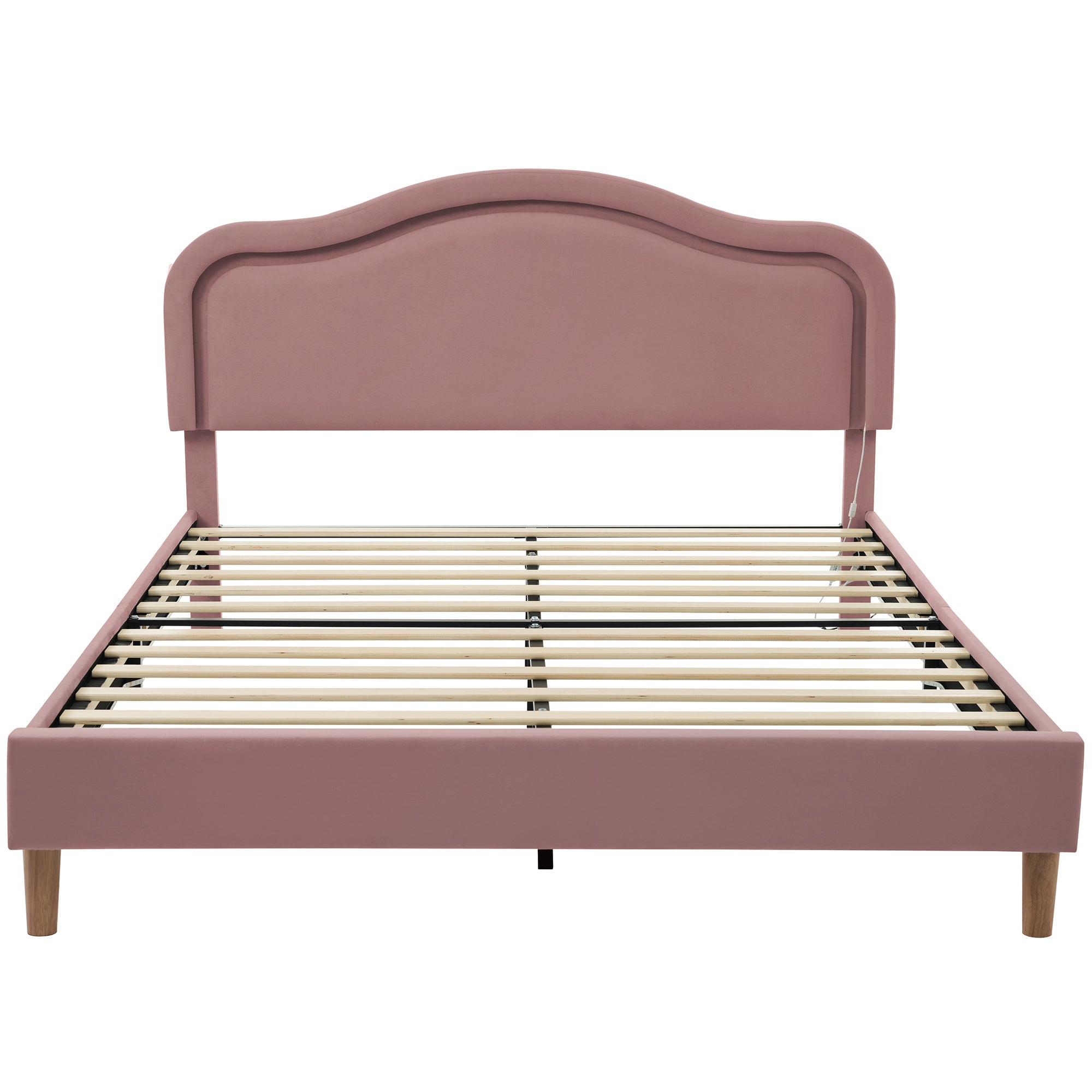 Pink Queen Bed Frame with Adjustable LED Lights and Velvet Upholstery